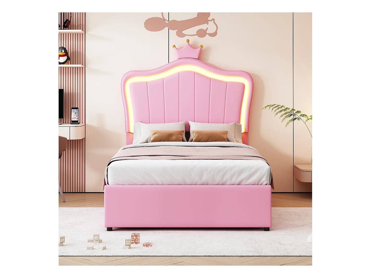 Lit princesse coffre enfant rose 90x200cm avec éclairage LED, tête de lit réglable