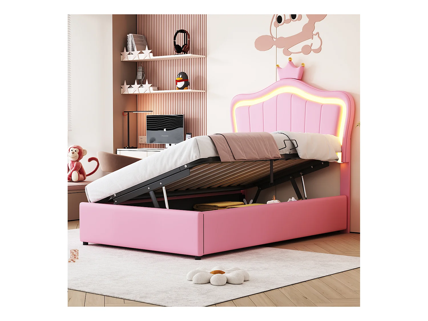Lit princesse coffre enfant rose 90x200cm avec éclairage LED, tête de lit réglable
