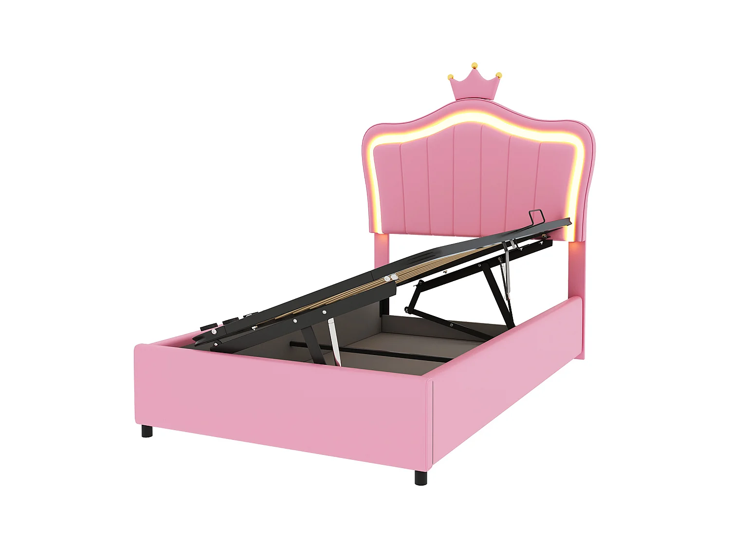 Lit princesse coffre enfant rose 90x200cm avec éclairage LED, tête de lit réglable