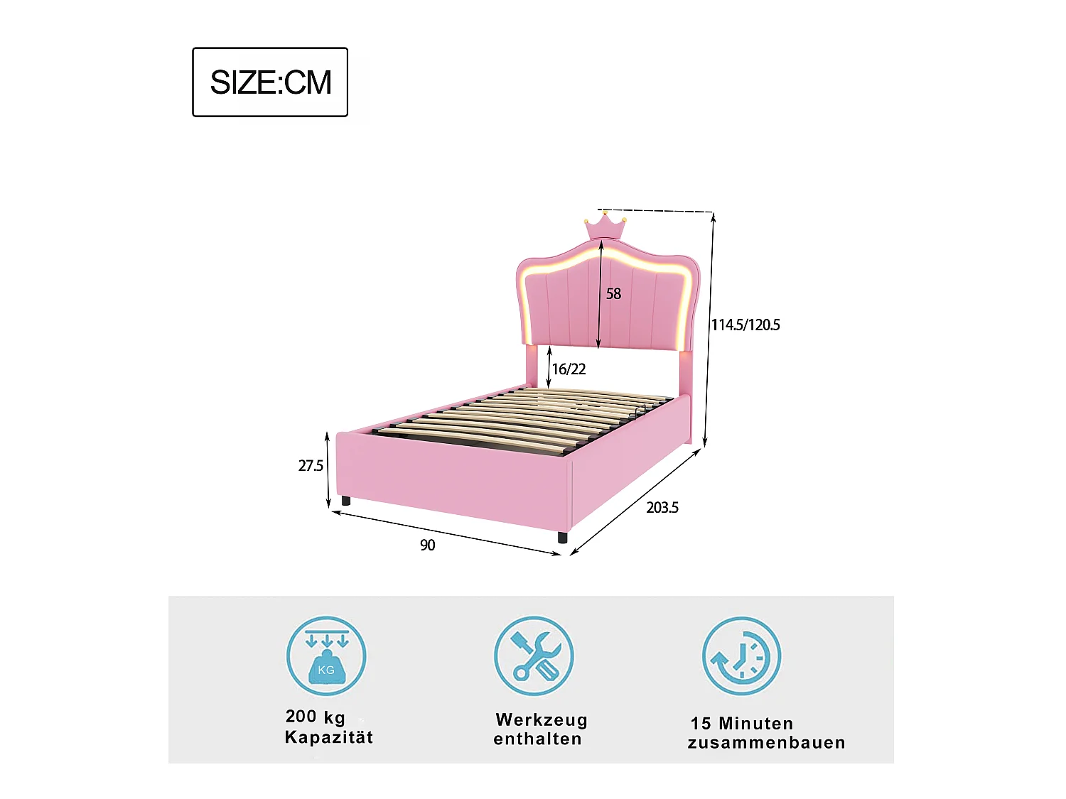 Lit princesse coffre enfant rose 90x200cm avec éclairage LED, tête de lit réglable