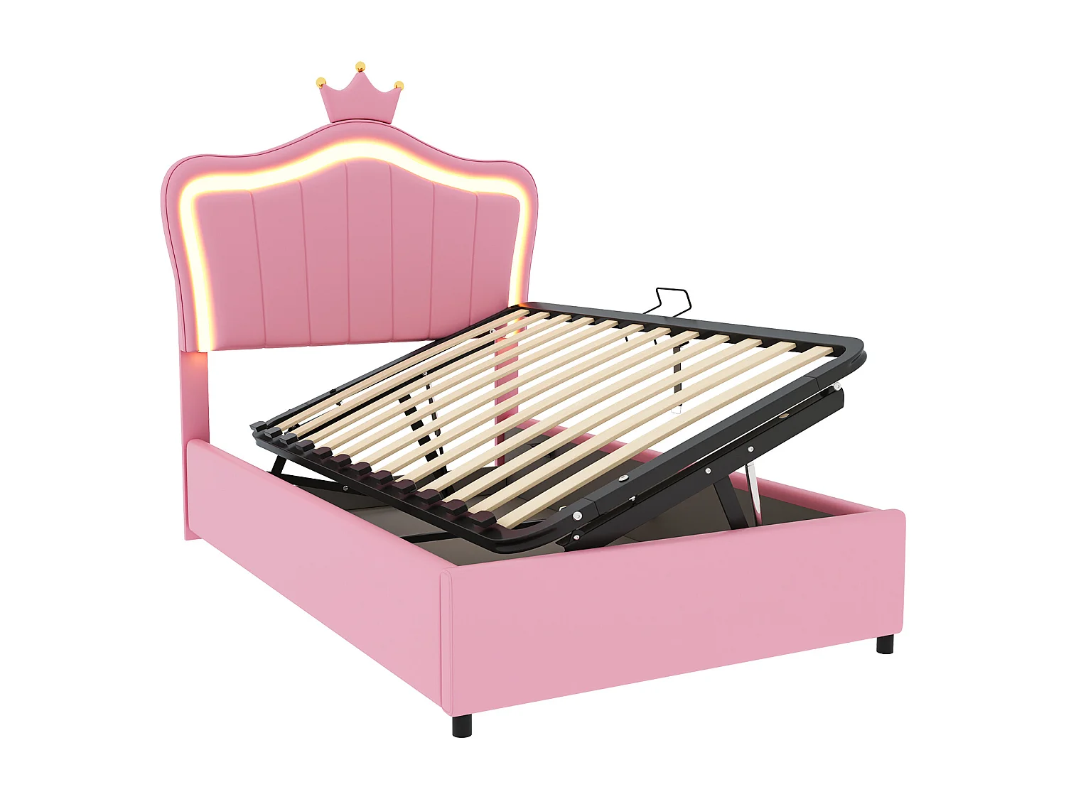 Lit princesse coffre enfant rose 90x200cm avec éclairage LED, tête de lit réglable