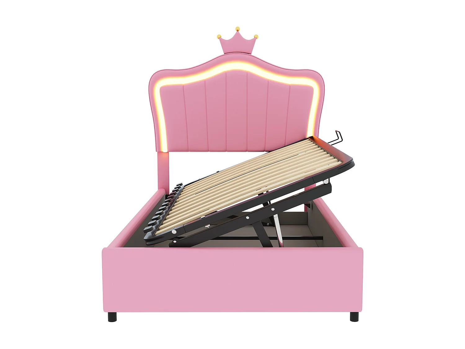 Lit princesse coffre enfant rose 90x200cm avec éclairage LED, tête de lit réglable