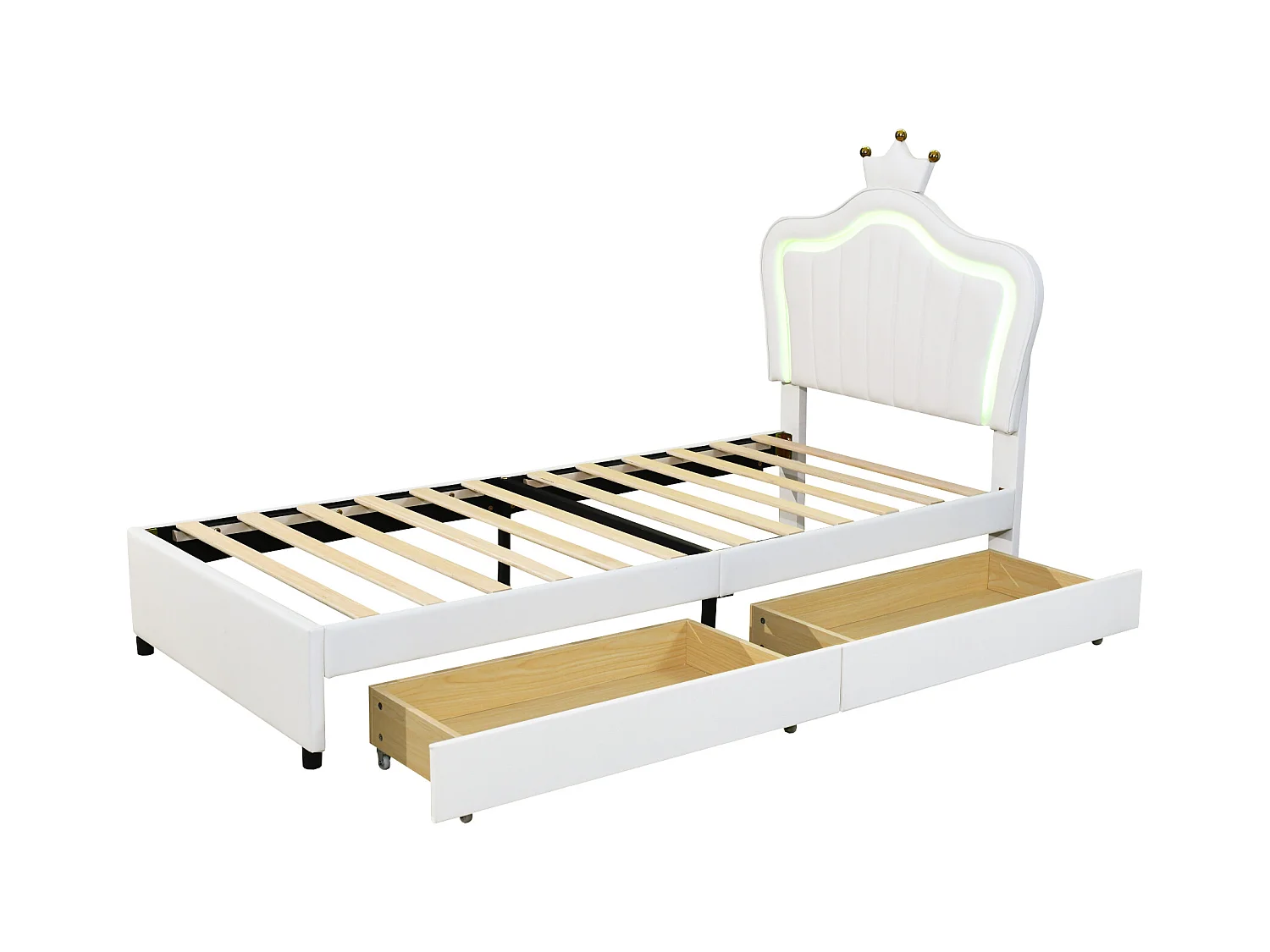 Lit princesse enfant blanc 90x200cm avec 2 tiroirs et éclairage LED, tête de lit réglable, PU
