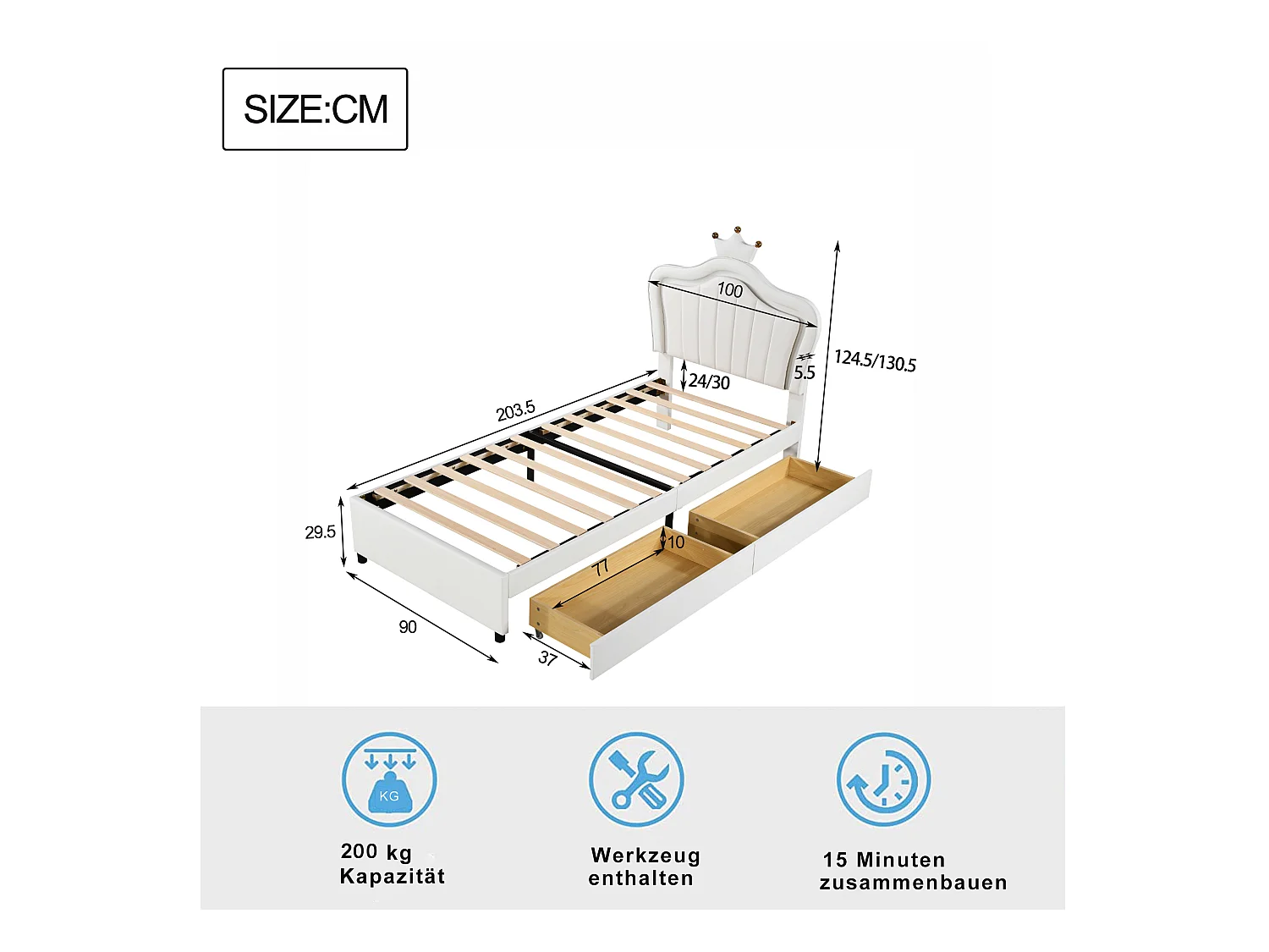 Lit princesse enfant blanc 90x200cm avec 2 tiroirs et éclairage LED, tête de lit réglable, PU
