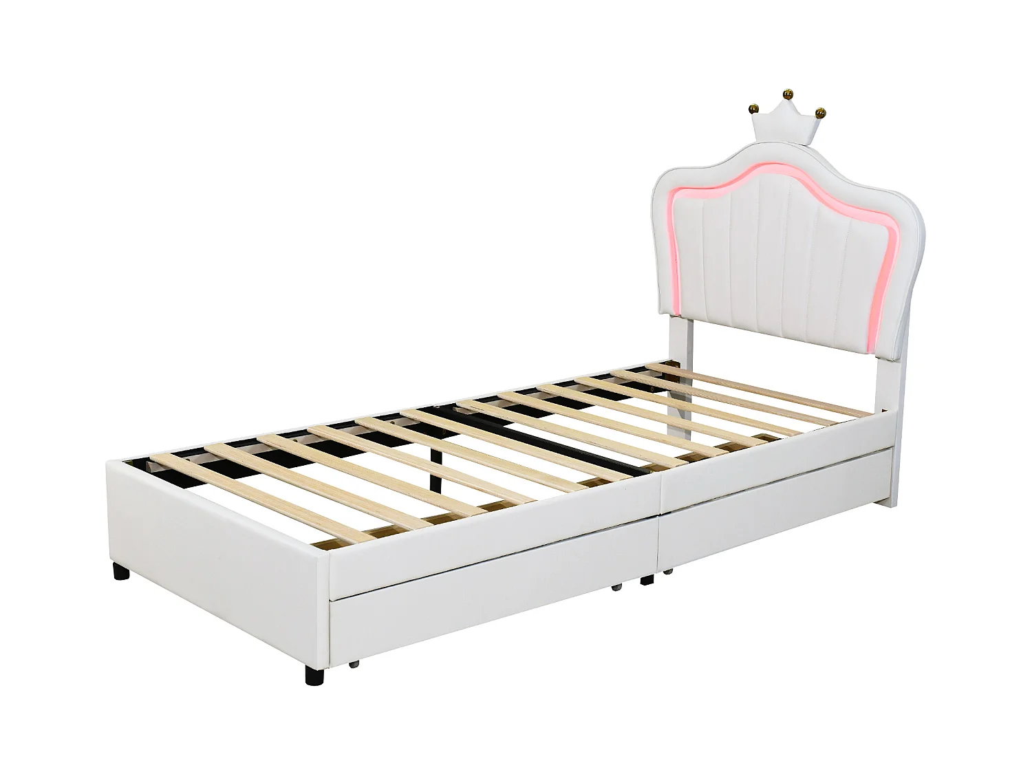 Lit princesse enfant blanc 90x200cm avec 2 tiroirs et éclairage LED, tête de lit réglable, PU