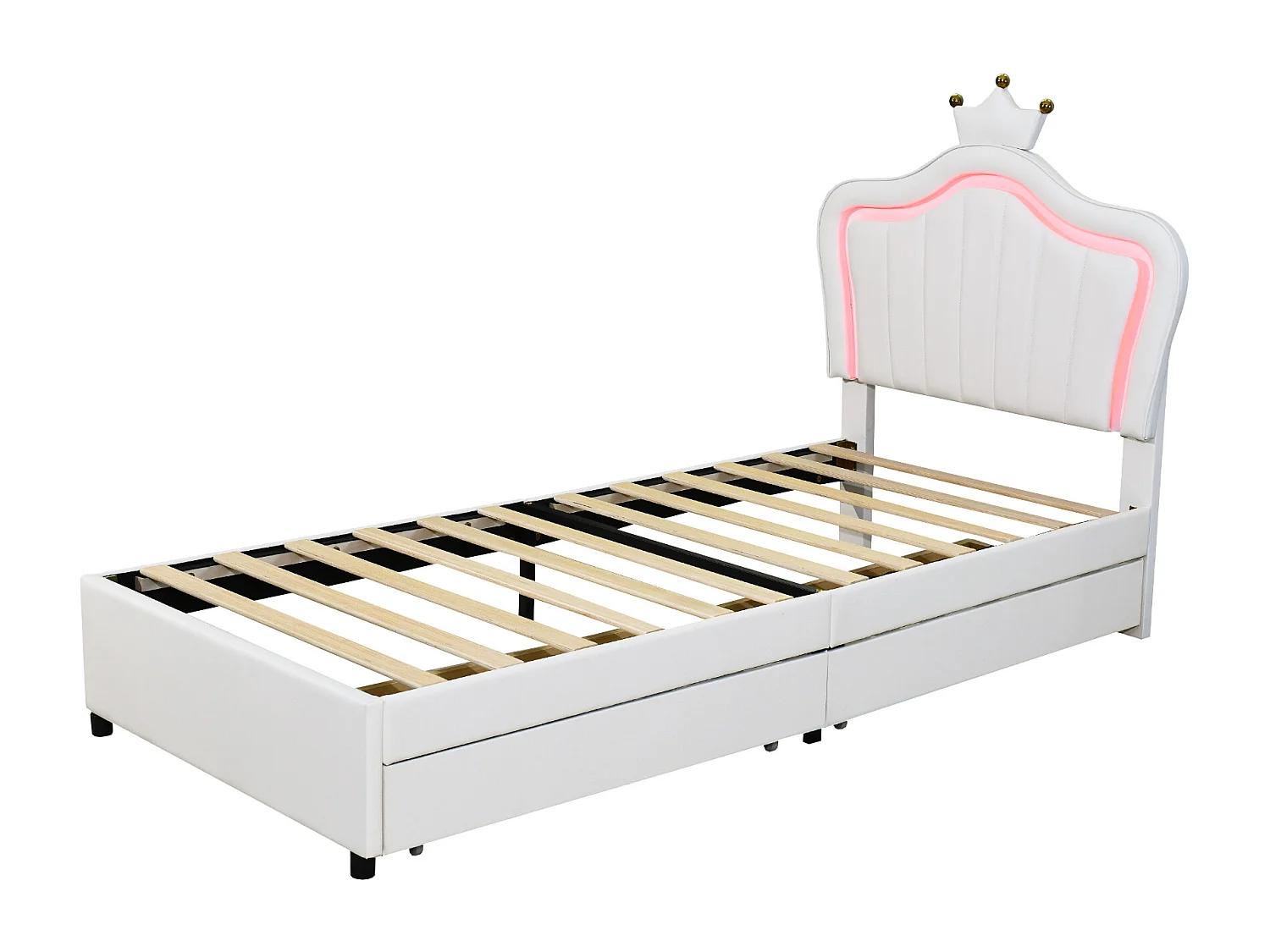 Lit princesse enfant blanc 90x200cm avec 2 tiroirs et éclairage LED, tête de lit réglable, PU