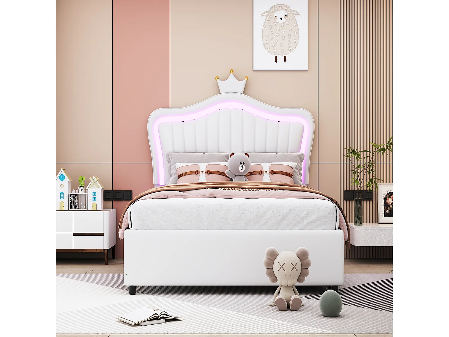 Lit princesse enfant blanc 90x200cm avec 2 tiroirs et éclairage LED, tête de lit réglable, PU