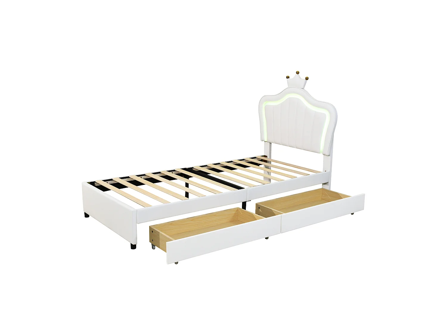 Lit princesse enfant blanc 90x200cm avec 2 tiroirs et éclairage LED, tête de lit réglable, PU