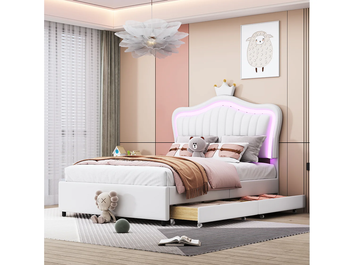 Lit princesse enfant blanc 90x200cm avec 2 tiroirs et éclairage LED, tête de lit réglable, PU