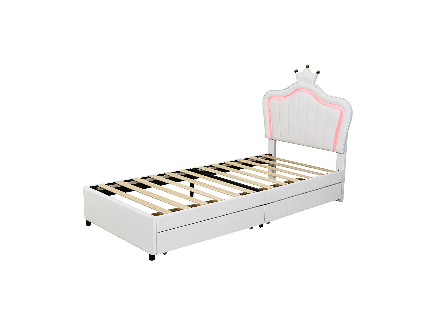 Lit princesse enfant blanc 90x200cm avec 2 tiroirs et éclairage LED, tête de lit réglable, PU
