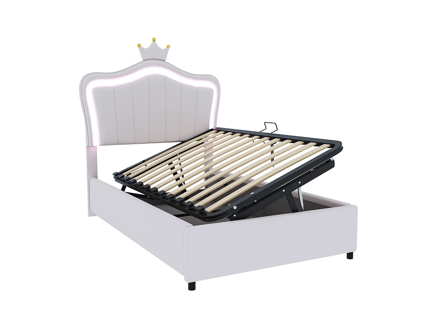 Lit princesse coffre enfant blanc 90x200cm avec éclairage LED, tête de lit réglable