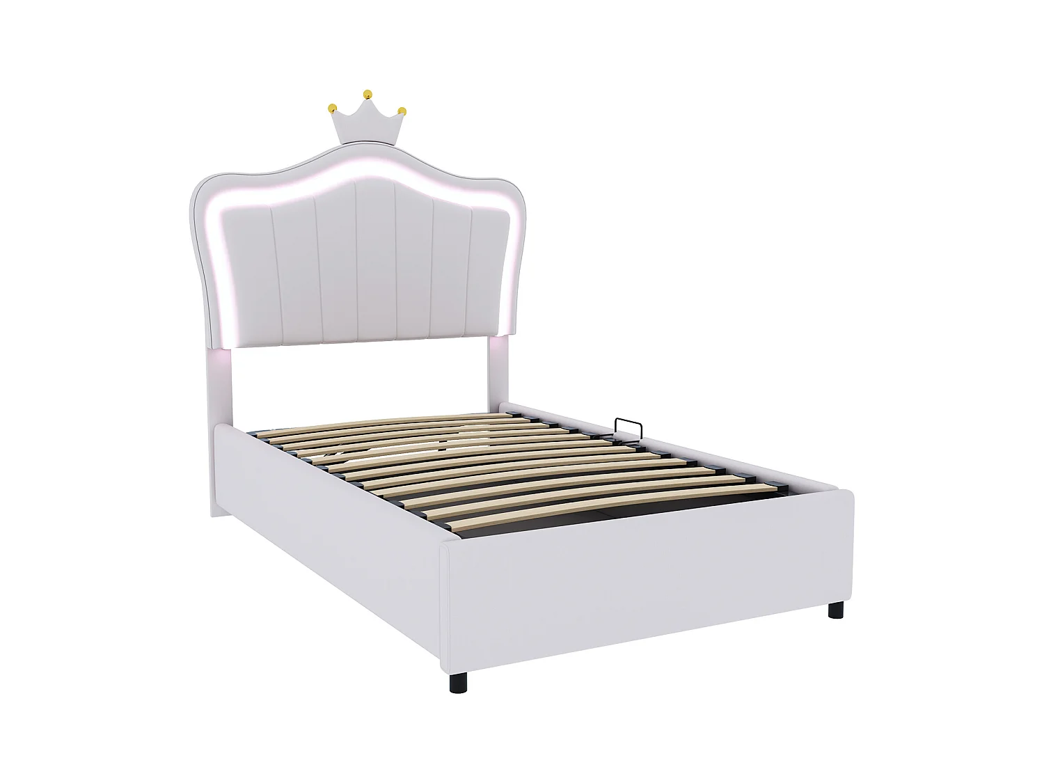 Lit princesse coffre enfant blanc 90x200cm avec éclairage LED, tête de lit réglable