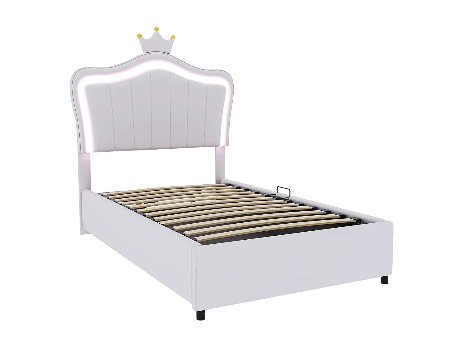 Lit princesse coffre enfant blanc 90x200cm avec éclairage LED, tête de lit réglable