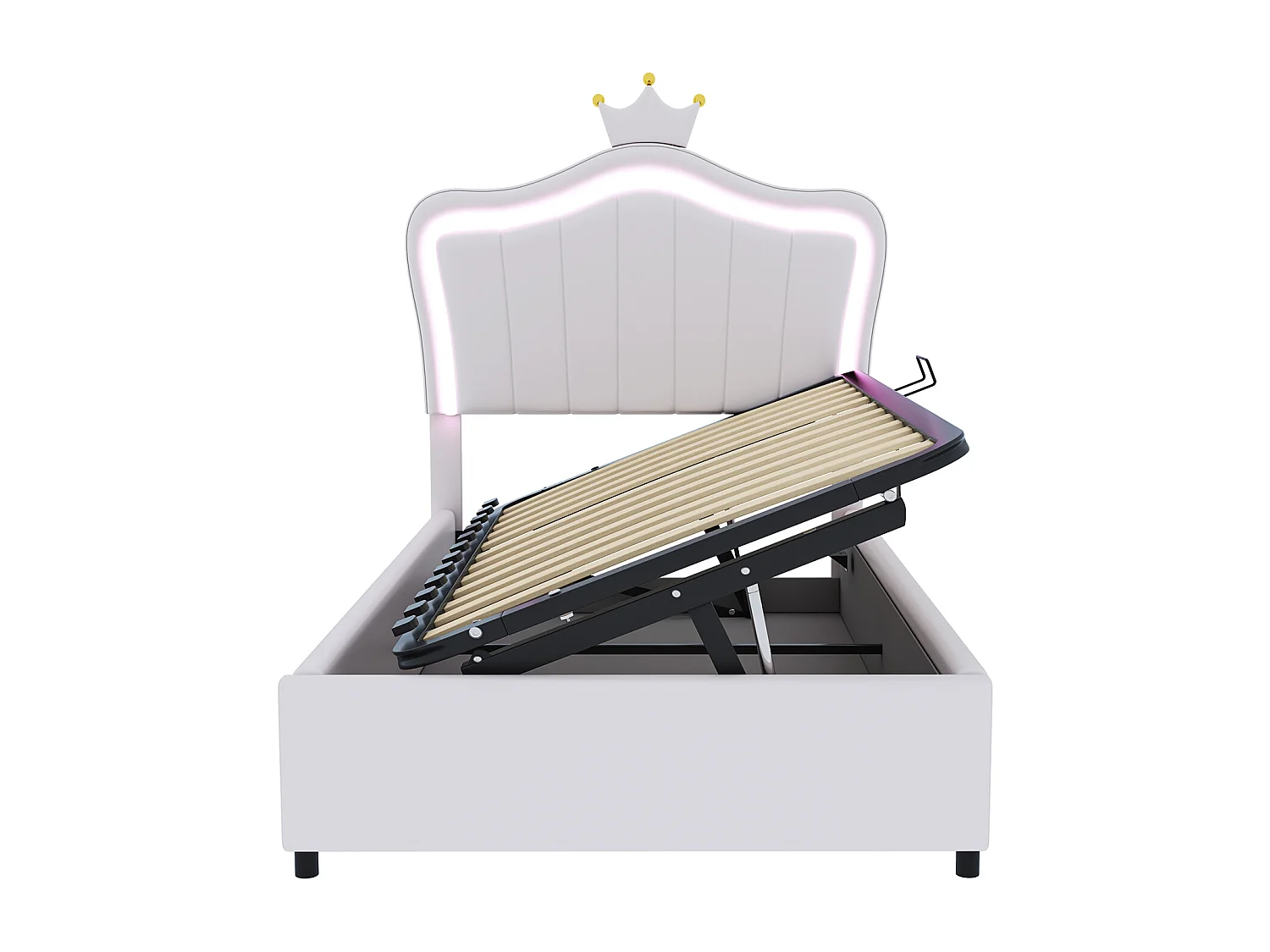 Lit princesse coffre enfant blanc 90x200cm avec éclairage LED, tête de lit réglable