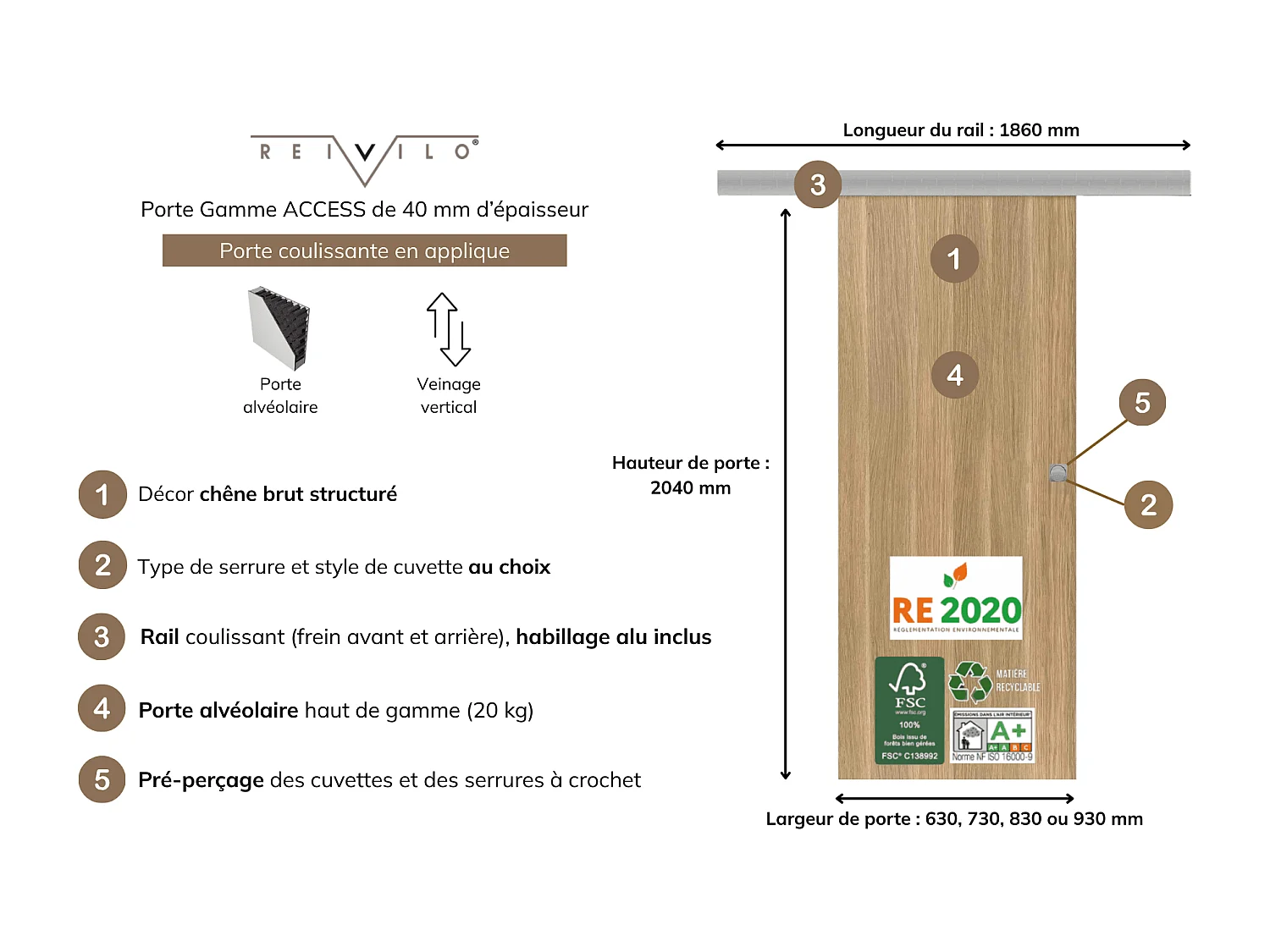 Porte coulissante applique Matild 73 cm avec crochet carré condamnation chromé