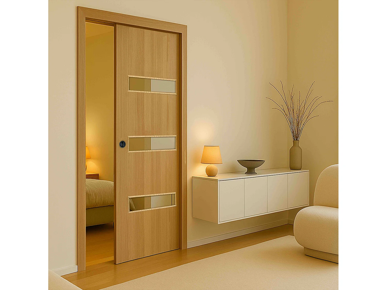 Porte coulissante cloison April 73 cm avec crochet rond condamnation noir