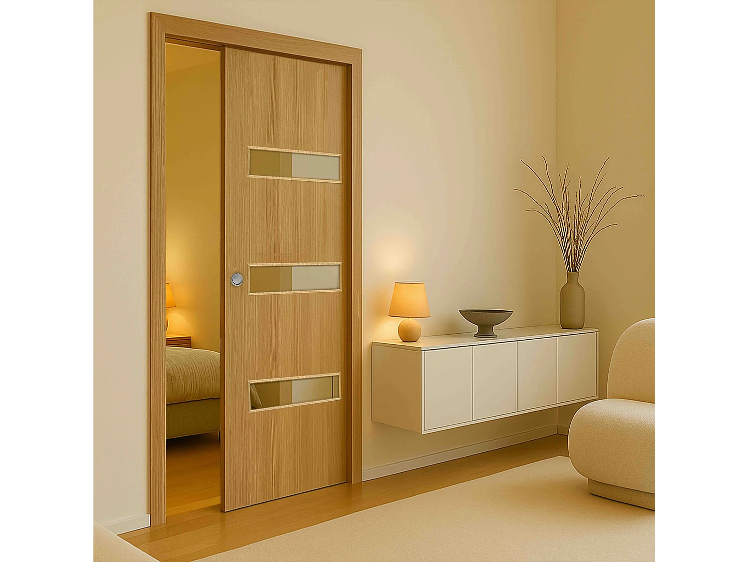 Porte coulissante cloison April 73 cm avec cuvette ronde chromée