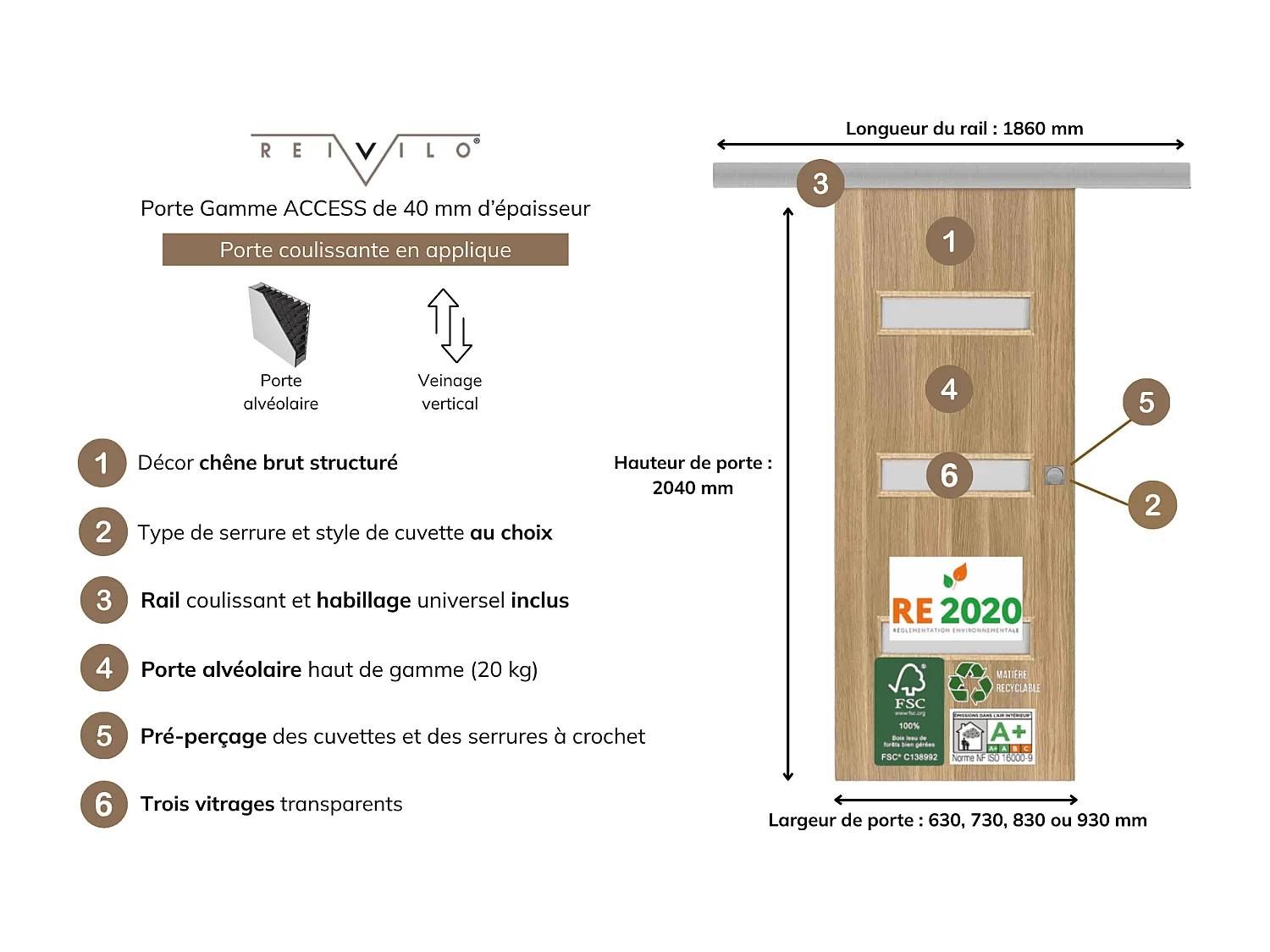 Porte coulissante applique April 83 cm avec crochet rond condamnation chromé