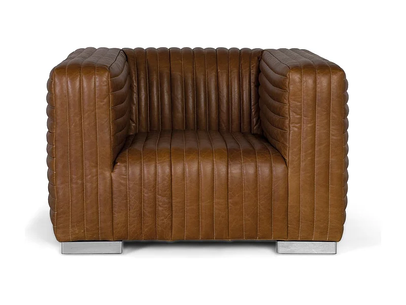 Met leer beklede fauteuil met kubusvorm en stalen poten