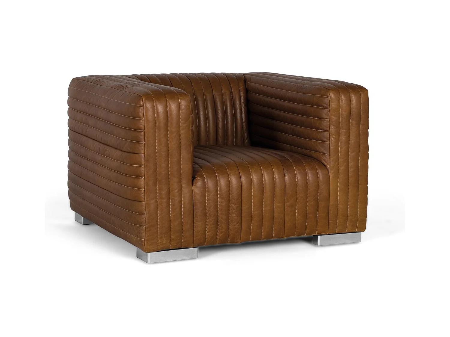 Fauteuil rembourré en cuir de forme cubique et pieds en acier