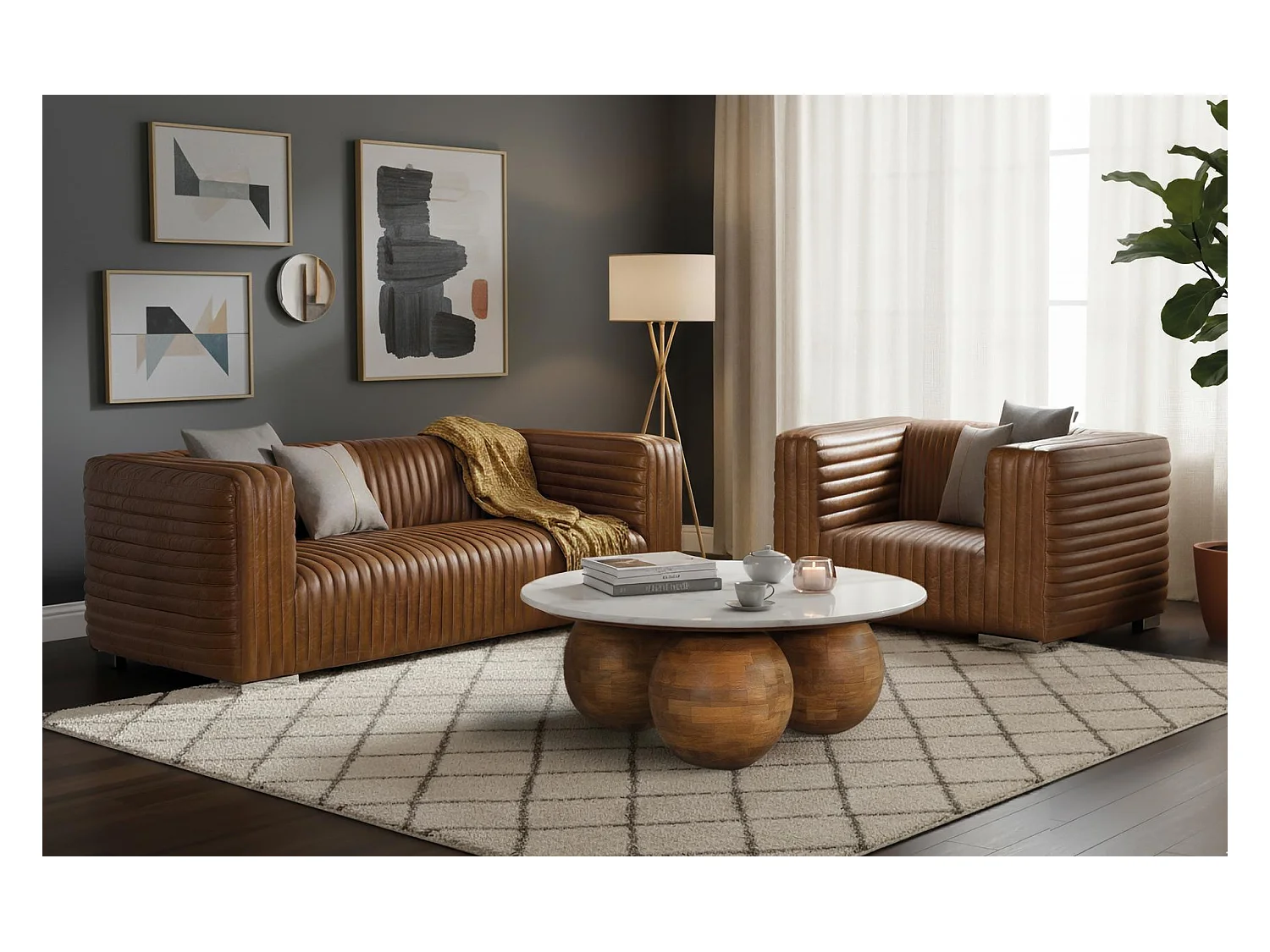 Fauteuil rembourré en cuir de forme cubique et pieds en acier