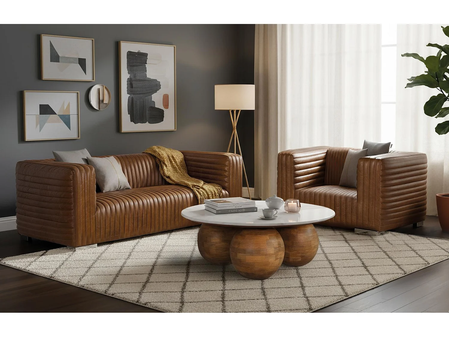 Fauteuil rembourré en cuir de forme cubique et pieds en acier