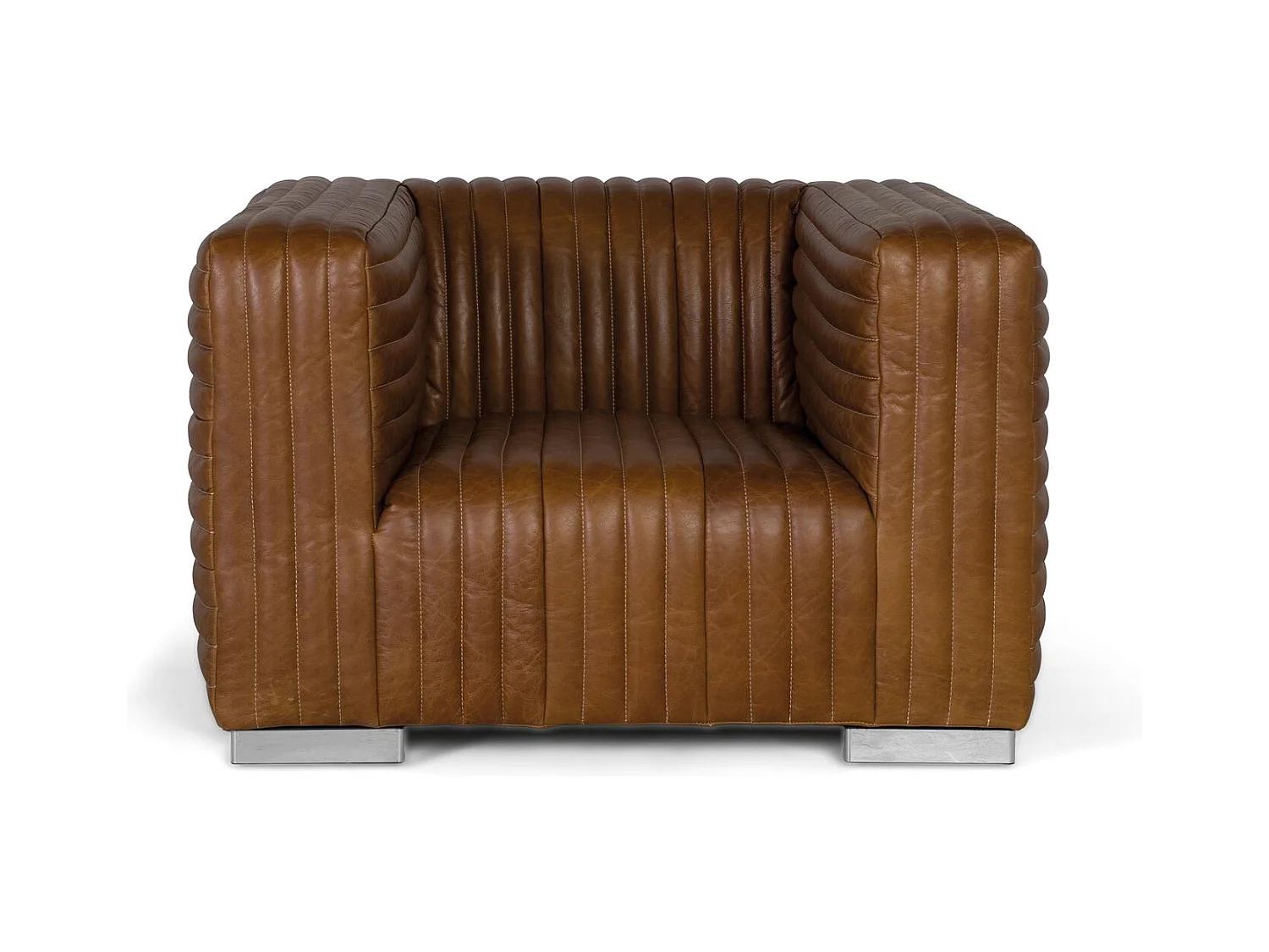 Met leer beklede fauteuil met kubusvorm en stalen poten