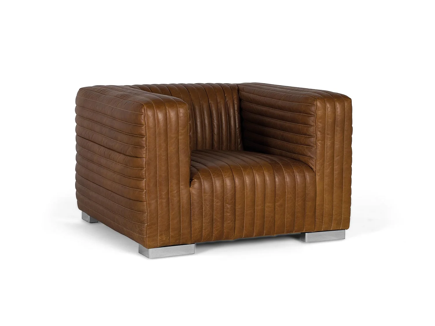 Fauteuil rembourré en cuir de forme cubique et pieds en acier