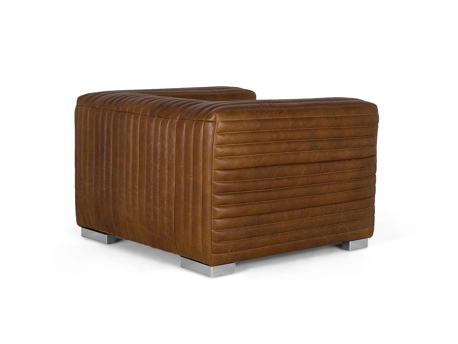 Fauteuil rembourré en cuir de forme cubique et pieds en acier