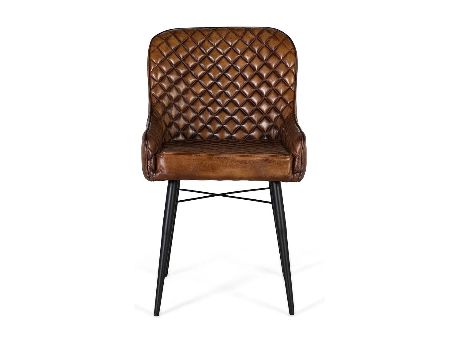 Silla tapizada en piel de color marrón envejecido y respaldo acolchado