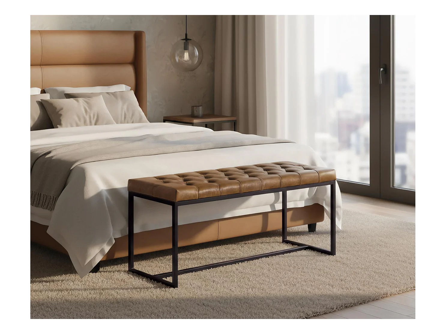 Banc avec assise rembourrée en cuir et pieds en fer