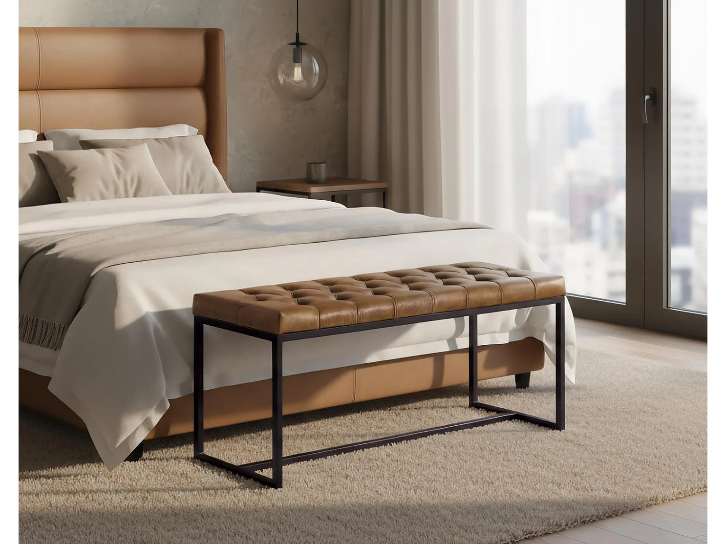 Banc avec assise rembourrée en cuir et pieds en fer