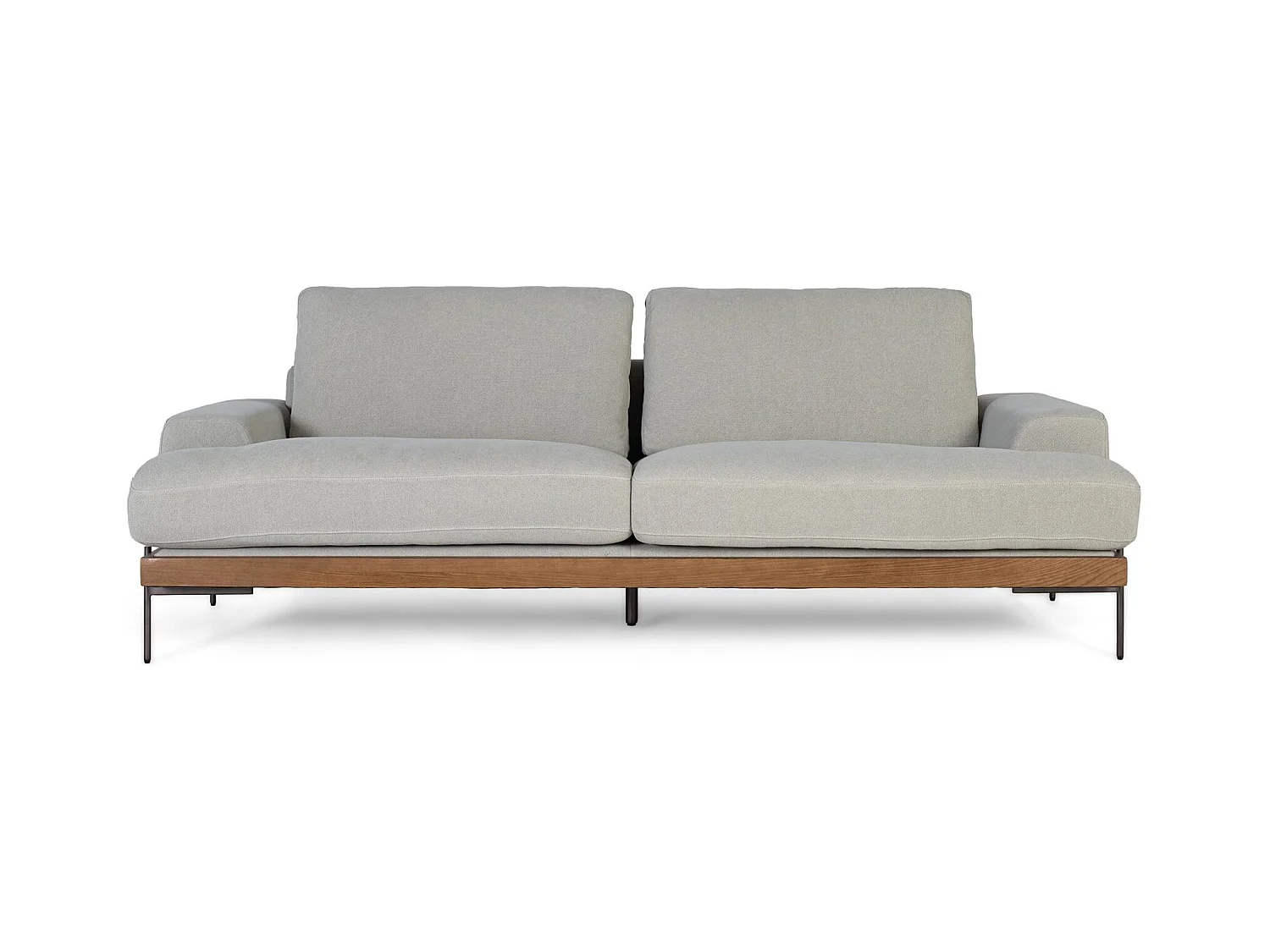 Canapé 4 places recouvert de tissu en lin gris et pieds en métal