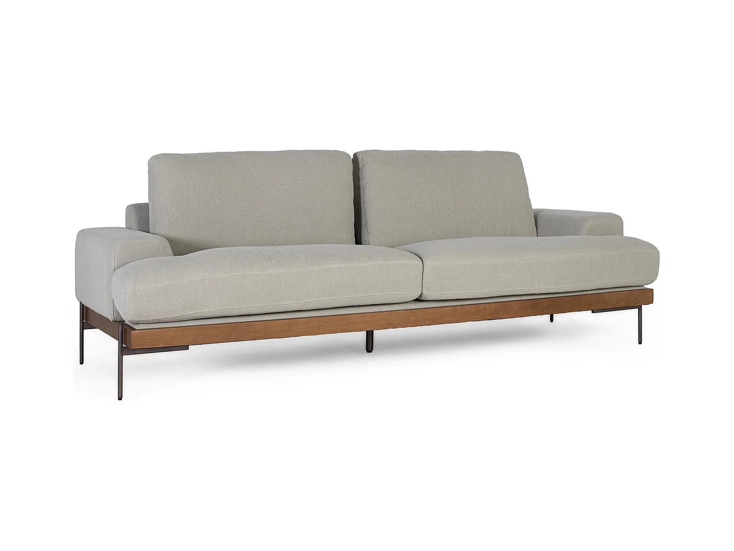 Canapé 4 places recouvert de tissu en lin gris et pieds en métal