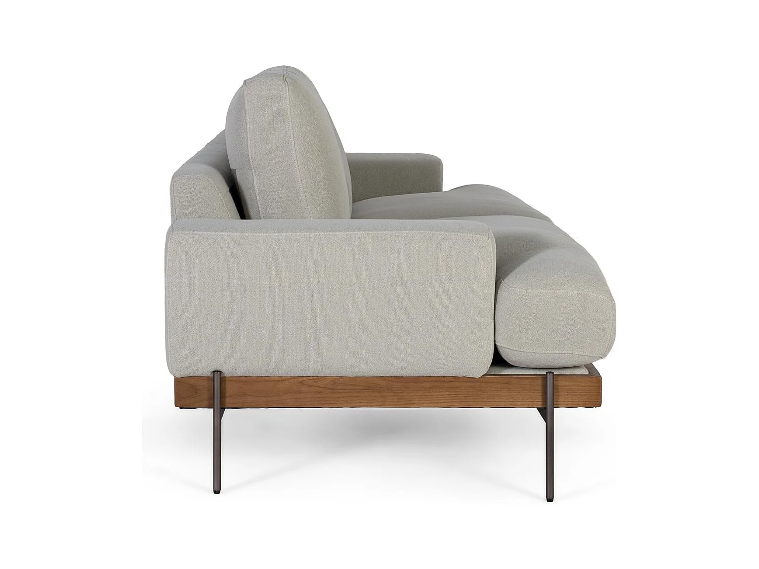 Canapé 4 places recouvert de tissu en lin gris et pieds en métal