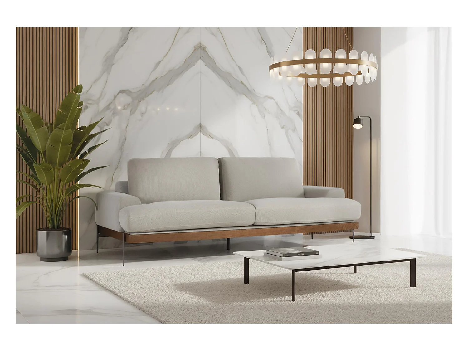 Canapé 4 places recouvert de tissu en lin gris et pieds en métal