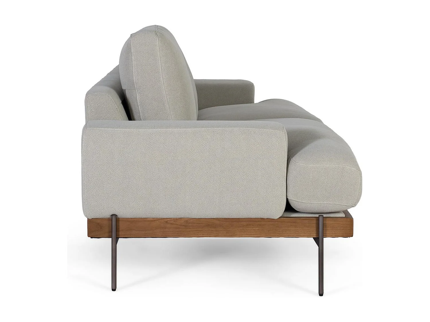 Canapé 4 places recouvert de tissu en lin gris et pieds en métal