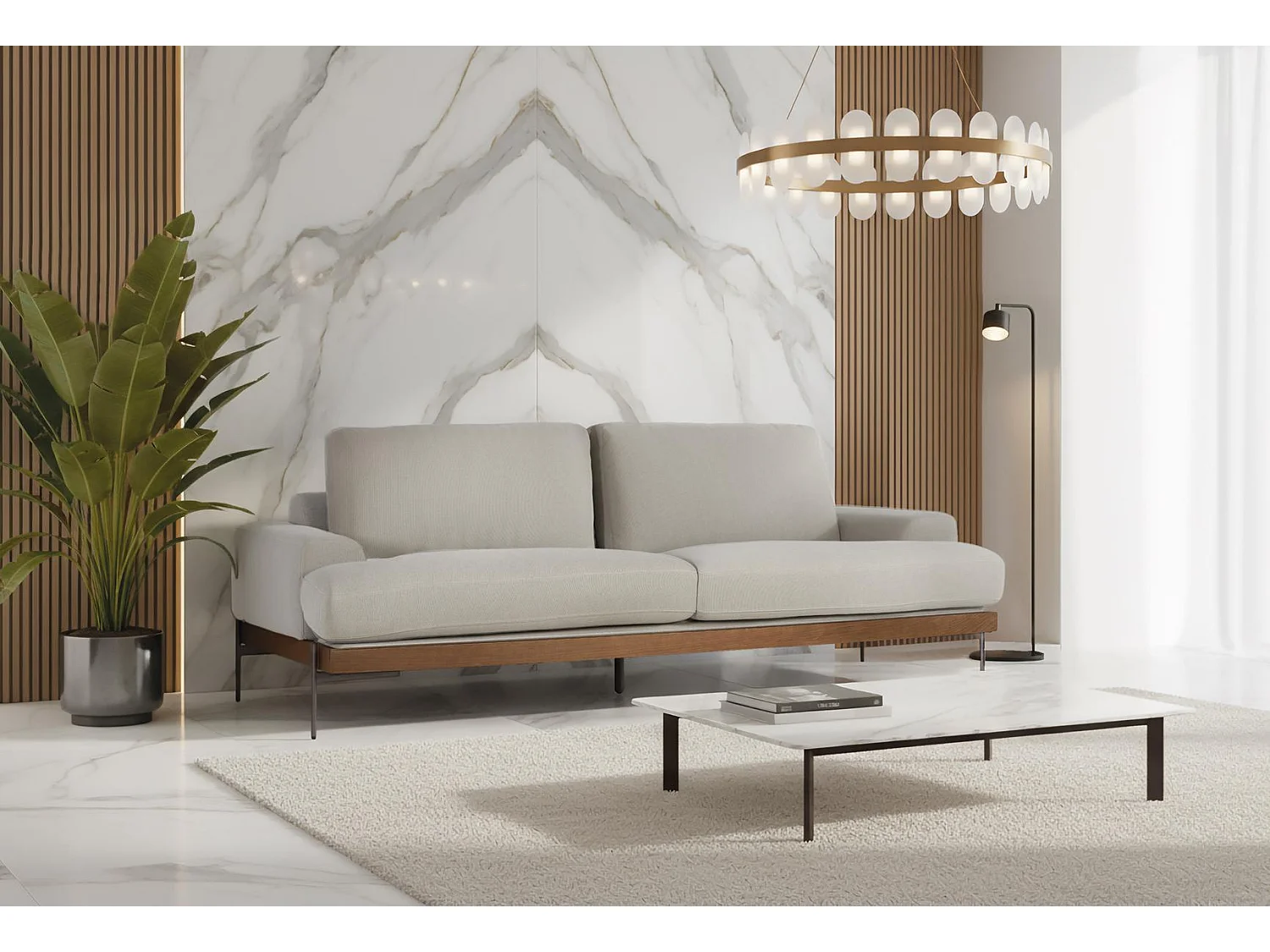 Canapé 4 places recouvert de tissu en lin gris et pieds en métal