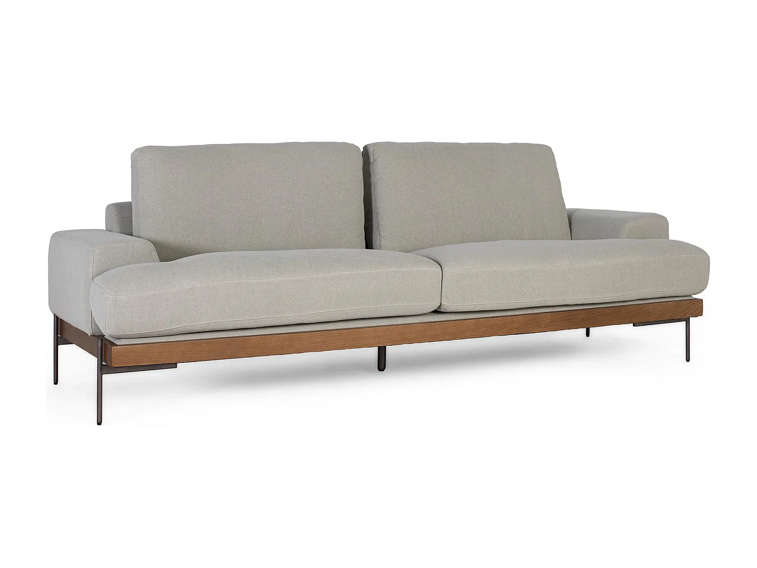 Canapé 4 places recouvert de tissu en lin gris et pieds en métal