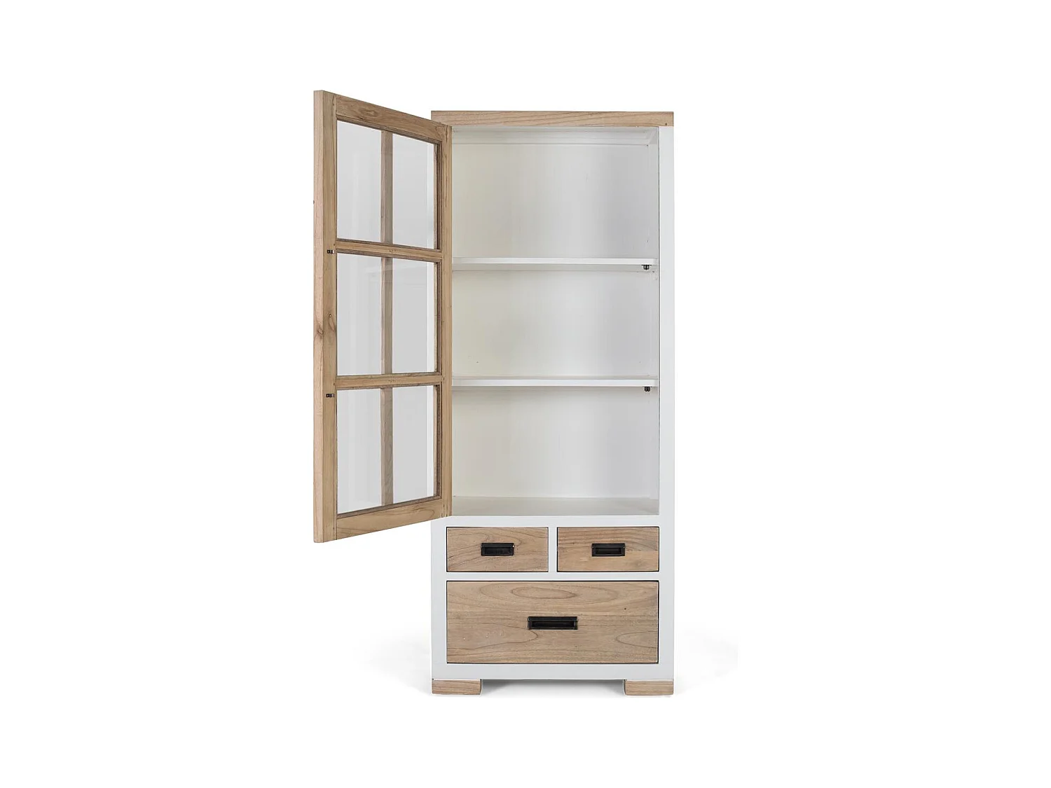 Massief mindihouten vitrinekast met 3 lades en glazen deur