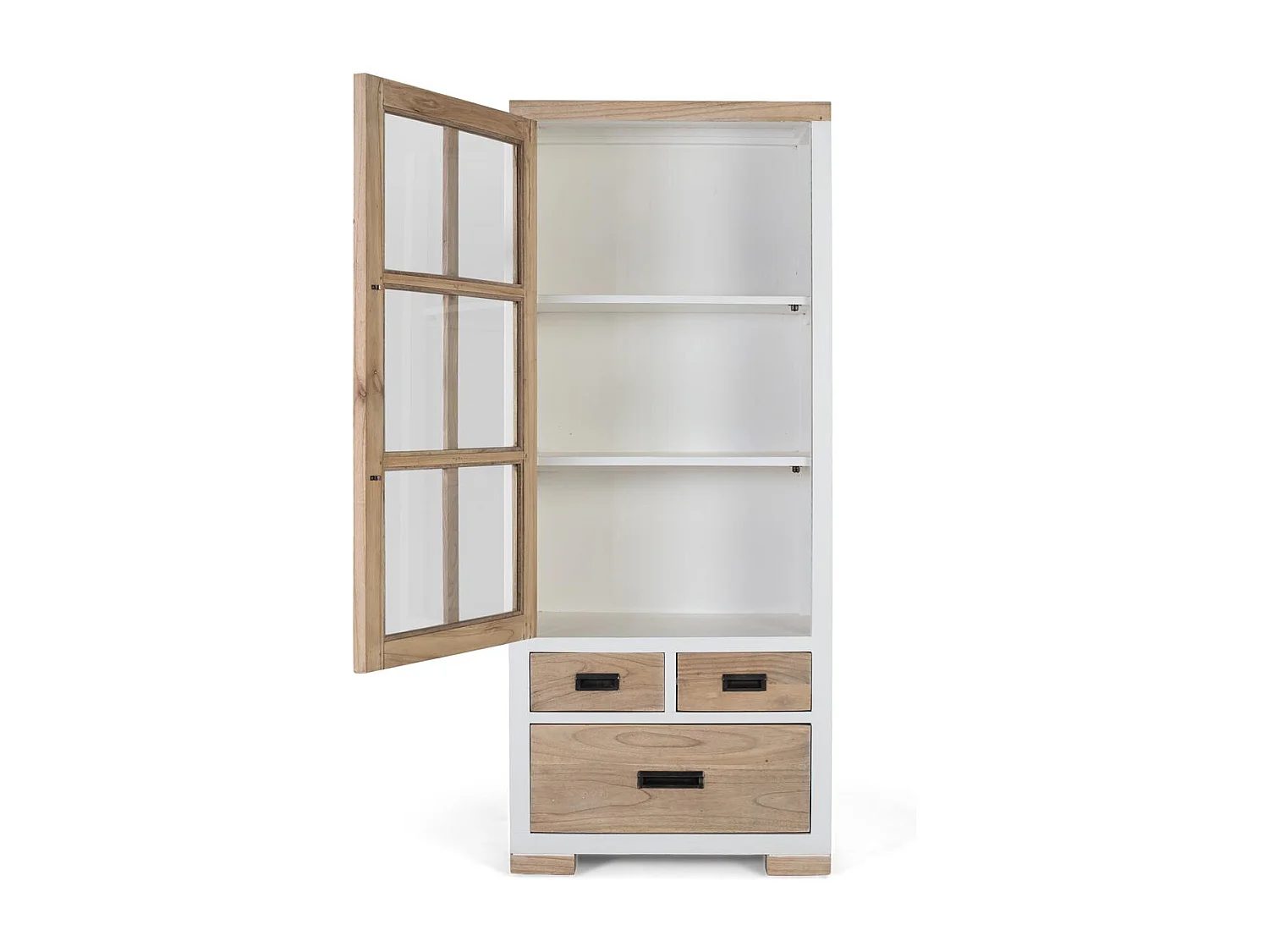 Vetrina in legno massello di mindi con 3 cassetti e anta in vetro