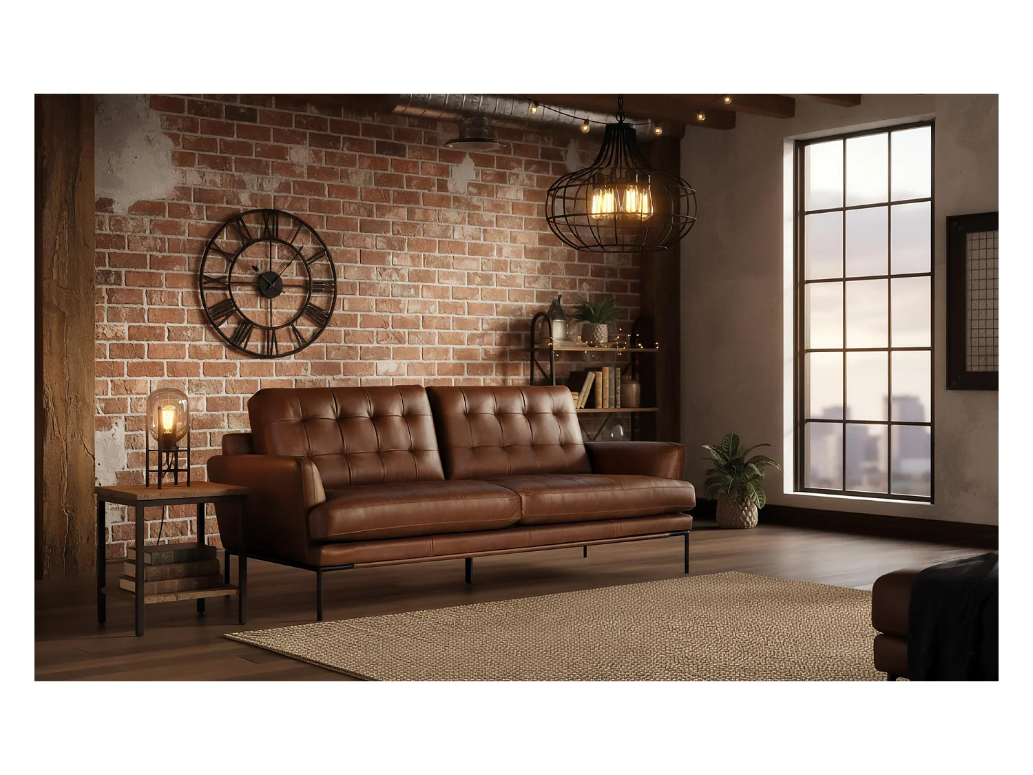 Canapé 3 places en cuir de style vintage avec pieds en métal