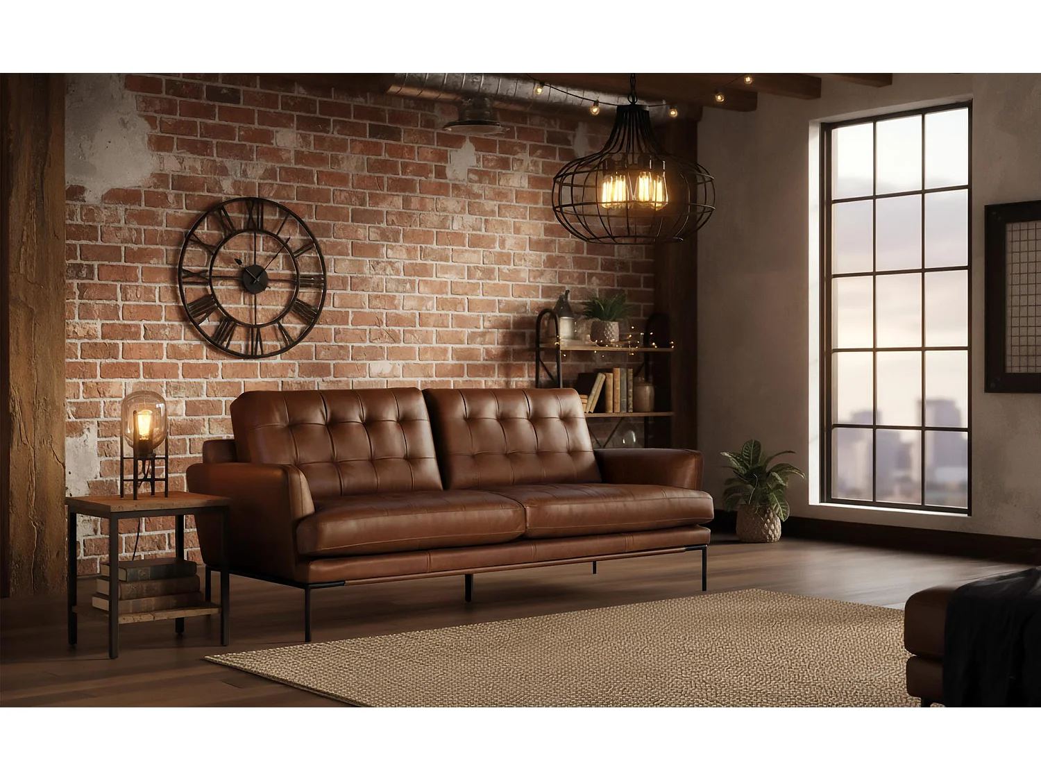 Sofá tapizado en piel estilo vintage y patas de metal 3 plazas