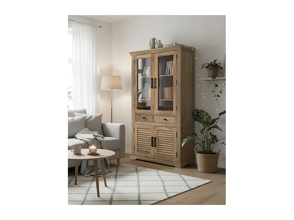 Vitrine aus Mangoholz mit Glas und zwei Schubladen