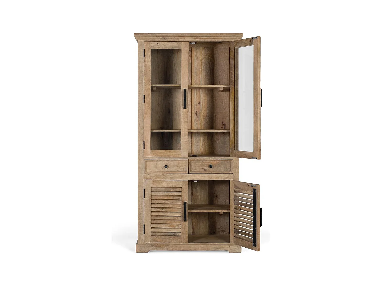 Vitrine aus Mangoholz mit Glas und zwei Schubladen