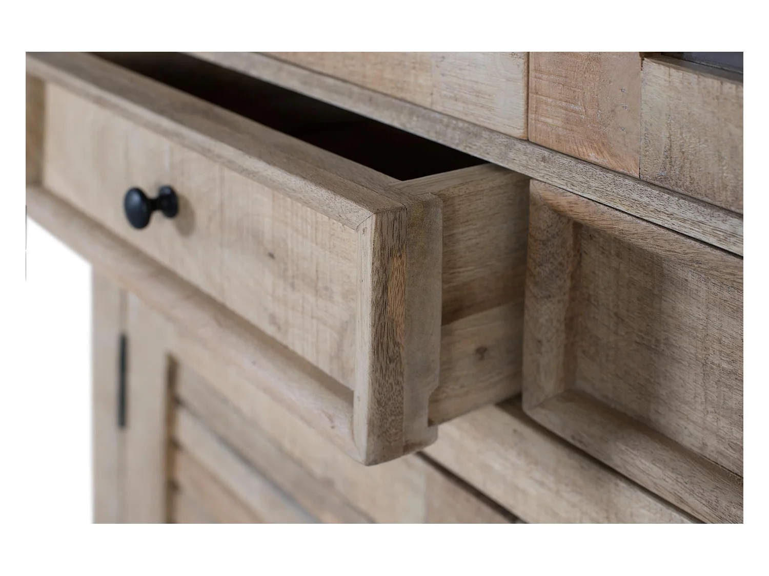 Vitrine aus Mangoholz mit Glas und zwei Schubladen