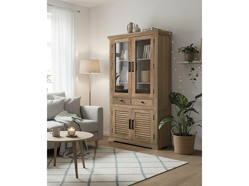 Vitrine en bois de manguier avec verre et deux tiroirs