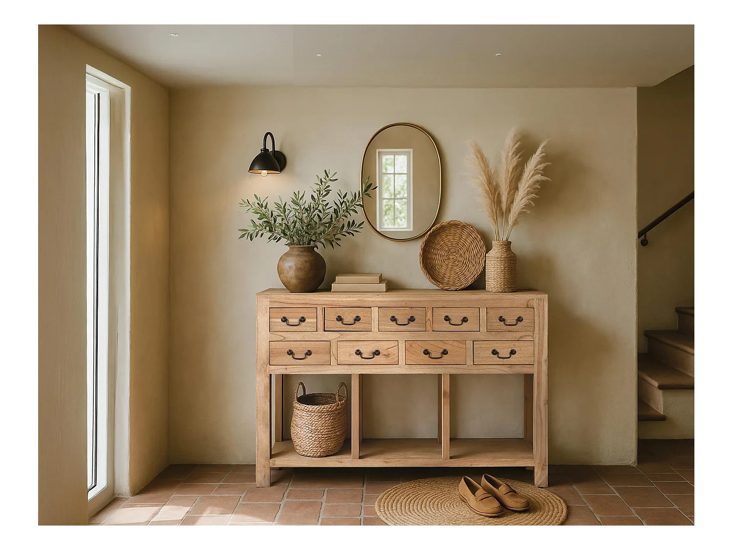 Konsola wykonana z litego drewna mindi z 9 szufladami