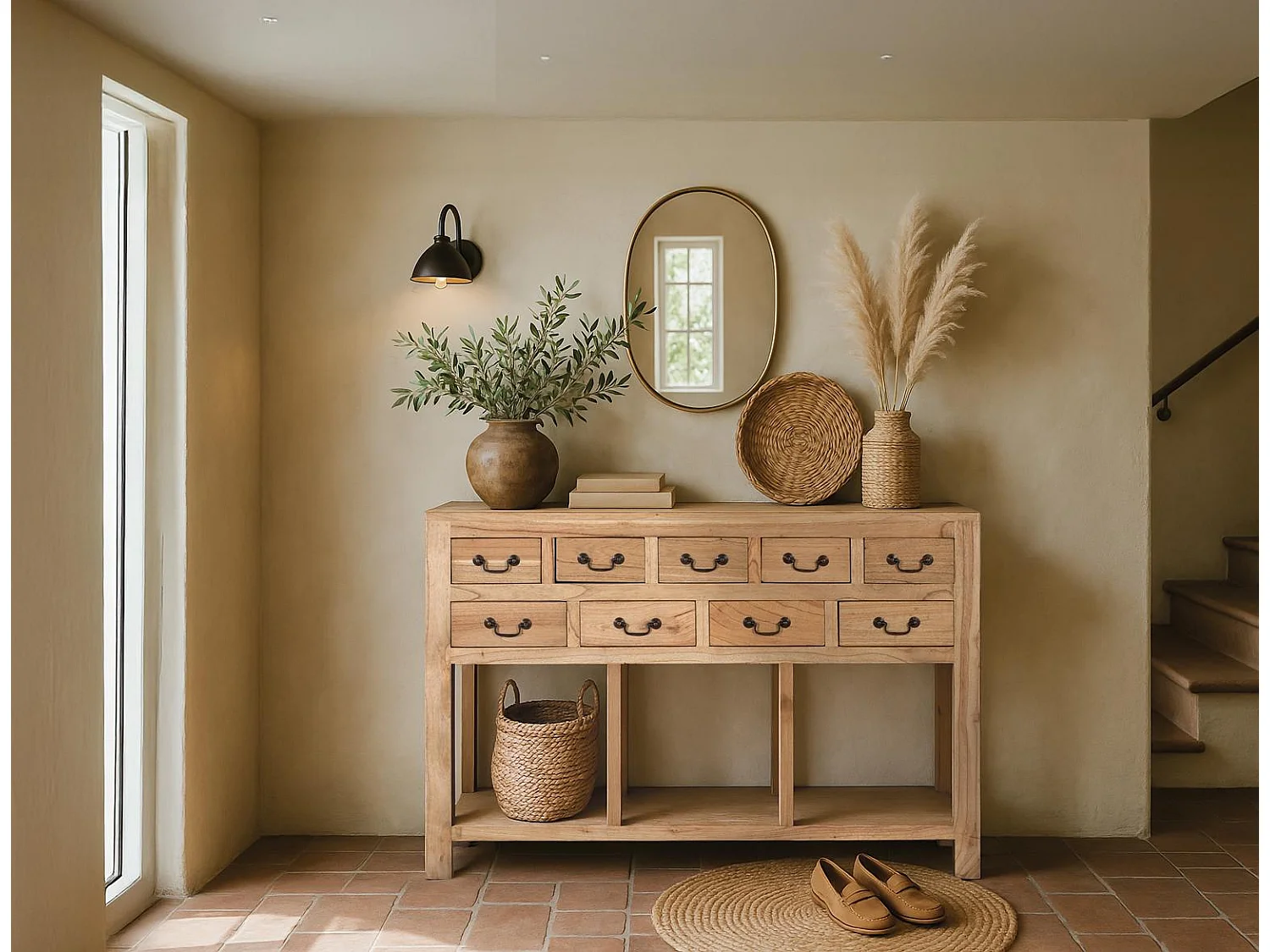 Console en bois de mindi massif avec 9 tiroirs