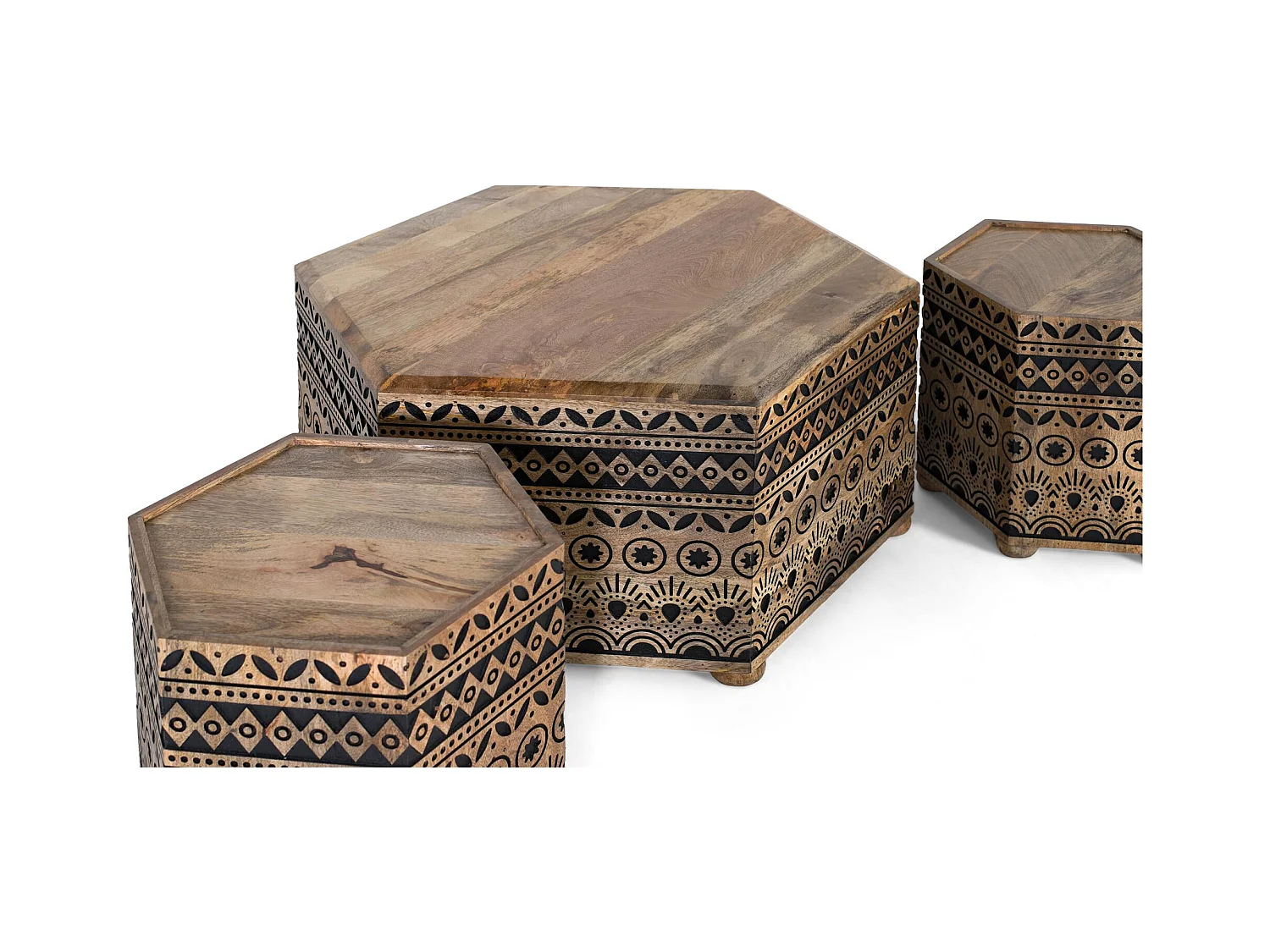 Lot de table basse et 2 tabourets hexagonaux et géométriques